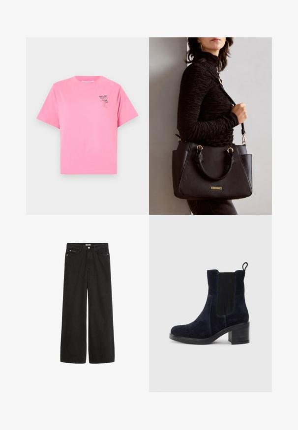 Marc O'Polo DENIM ROUND NECK - Print T-shirt - soft pink; Wide-leg black denim jeans with a high waist. Features five pockets, metal hardware, and a clean finish. The texture is smooth and soft.; Navy blue suede ankle boot with elastic side panel, rounded toe, and block heel. Textured fabric and smooth sole add contrast.; Black handbag with textured surface, dual top handles, and adjustable shoulder strap. Features gold-tone hardware and side pockets.