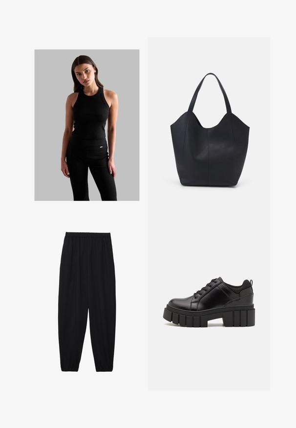 Čierne rebrované tielko s okrúhlym výstrihom, priliehavým strihom a tenkými ramienkami, skombinované s čiernymi nohavicami s vysokým pásom, ktoré majú drobný logotyp.; Čierne, ľahké nohavice s elastickým pásom a zúženými nohavicami. Tkanina je hladká a má voľný, zúžený strih.; Čierne kožené platformy s masívnym blokovým podpätkom, okrúhlou špičkou a tradičným šnurovaním. Má hladký povrch a minimálne detaily.; Čierna taška s dlhým uchom vyrobená z hladkej kože, s oblým otvoreným vrchom a dvoma ramennými popruhmi, minimalistického dizajnu.