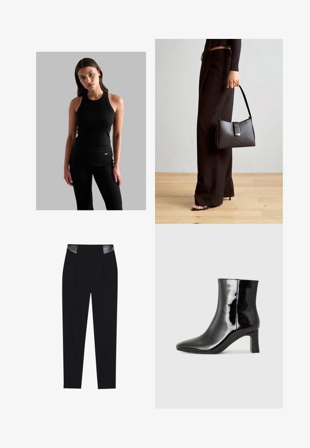 Svart ribbestrikket tanktop med rund hals, tettsittende design og tynne stropper, kombinert med svarte høytlivsbukser med en liten logo detalj.; Sorte skreddersydde bukser med en elegant design, folder foran, og glansfulle sorte lærdetaljer i midjen. Glatt tøymateriale.; Sorte patentlær ankle boot med spiss tå og en mellomhøy blokkhelt. Glatt tekstur og minimalistisk design.; Svart håndveske med strukturert form, jevn tekstur og metallisk lås. Kombinert med brede svarte bukser og sandaler med åpen tå på tregulv.