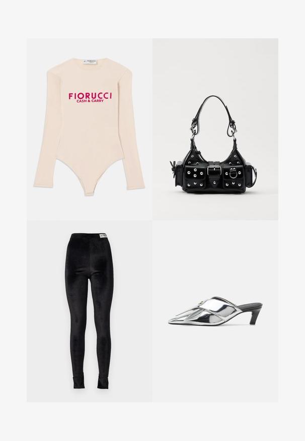 Hosszú ujjú, meztelen színű bodysuit, puha anyagból készült, lekerekített nyakkivágással és feltűnő rózsaszín "Fiorucci CASH & CARRY" logóval a mellrészen.; Fekete bársonyos leggings magas derékkal, sima textúrával és testhez álló dizájnnal; a derékpánton márkás címke található.; Ezüst fémes sarkú mules cipők hegyes orral, keresztbe rakott pántokkal, kis blokk sarokkal és sima, fényes felülettextúrával.; Fekete bőr kézitáska ívelt designnal, ezüst szegecsekkel, csattal és két oldalsó zsebbel. Állítható vállpánt a hordozási lehetőségekhez.