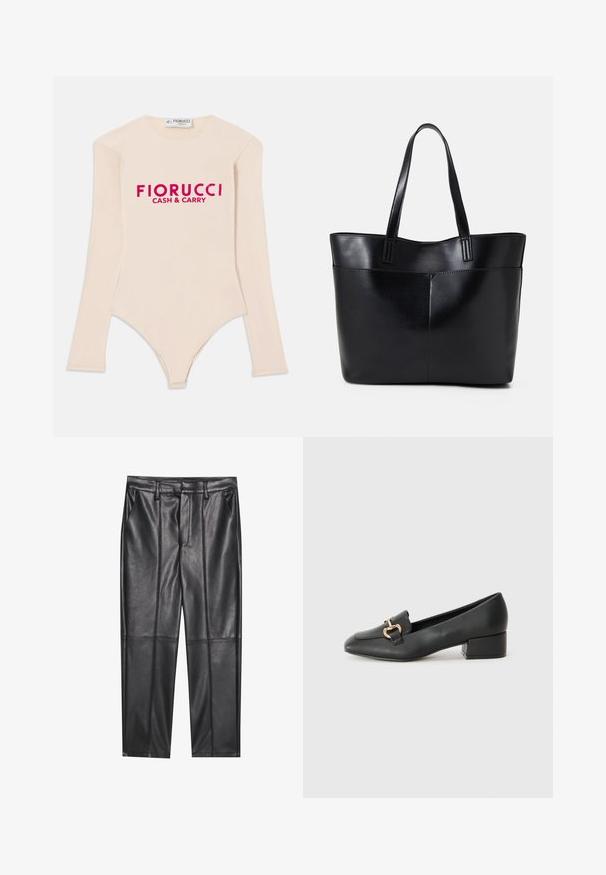 Långärmad nude bodysuit tillverkad av mjukt tyg, med en rundad halsringning och den iögonfallande rosa "Fiorucci CASH & CARRY"-logotypen över bröstet.; Svarta läderbyxor med en slät textur, med rak passform, två framfickor och synliga sömdetaljer.; Svarta läderloafers med platt klack, med en dekorativ detalj i guld framtill och en mjuk textur.; Svart läder tote-väska med två långa handtag, en slät yta och en strukturerad form. Har en framficka för extra förvaring.