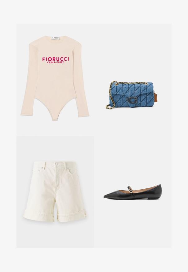 Pitkähiainen nudenvärinen bodysuit, joka on tehty pehmeästä kankaasta, ja siinä on avara kaula-aukko sekä rohkea vaaleanpunainen "Fiorucci CASH & CARRY" -logo rinnassa.; Vaalean kermaiset farkkushortsit suoralinjaisella leikkauksella, käännetyillä lahkeilla ja klassisella viiden taskun muotoilulla. Varustettu hopeisilla metalliosilla.; Musta nahkainen ballerinat, joissa on terävä kärki ja sivuhihna, jossa on pyöreä kultainen yksityiskohta. Kevyet ja litteällä pohjalla.; Sinine vatitatud teksakott õlal, millel on kuldne ahel rihm ja silmapaistev kuldne logo esiosas. Kompaktne ristkülikukujuline vorm.