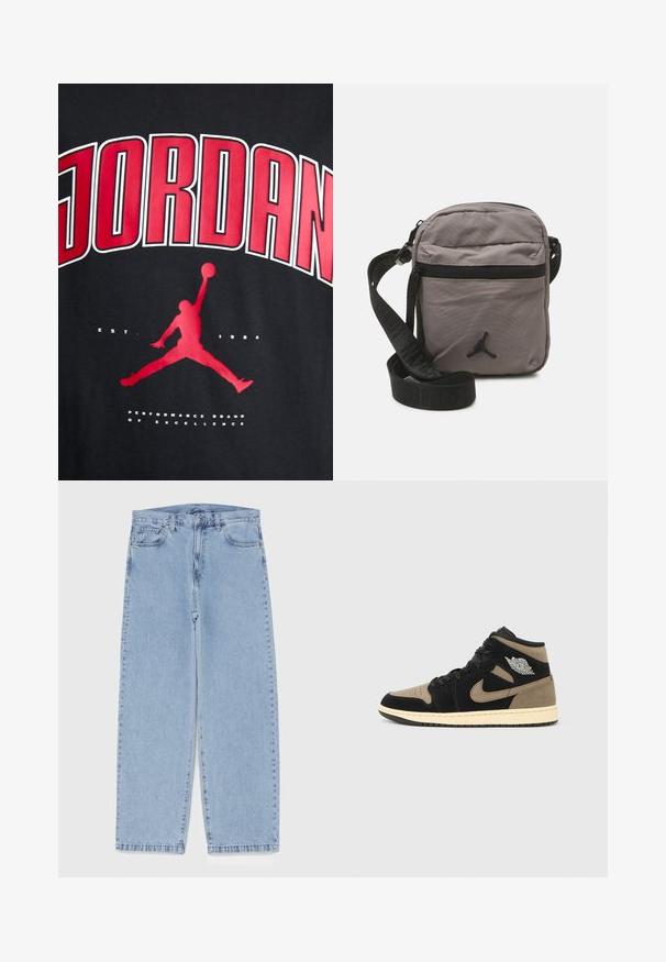 Musta T-särk, millel on särav punane "JORDAN" tekst, hüppefiguuri siluett ja allpool graafikat "EST. 1984" valget värvi.; Heled sinise denimi sirgete põlvede lõikega teksad, millel on keskmise kõrgusega vöökoht, viis taskut ning nööbid ja tõmblukk.; Kõrge säärega tennised, millel on must ja beež seemisnahk, auguline varvas, beež vahepealne põhi, mustad paelad ja hõbedane logo küljes.; Hall Gray nailonist crossbody kott, millel on tõmblukuga esikott, reguleeritav must rihm ja must logo aktsent esiküljel. Kompaktne ja kerge disain.; Tumesinine seljakott punaste aktsentidega, mitme lukuga taskuga, logoplätside ja reguleeritavate rihmadega. Valmistatud vastupidavast kangast.