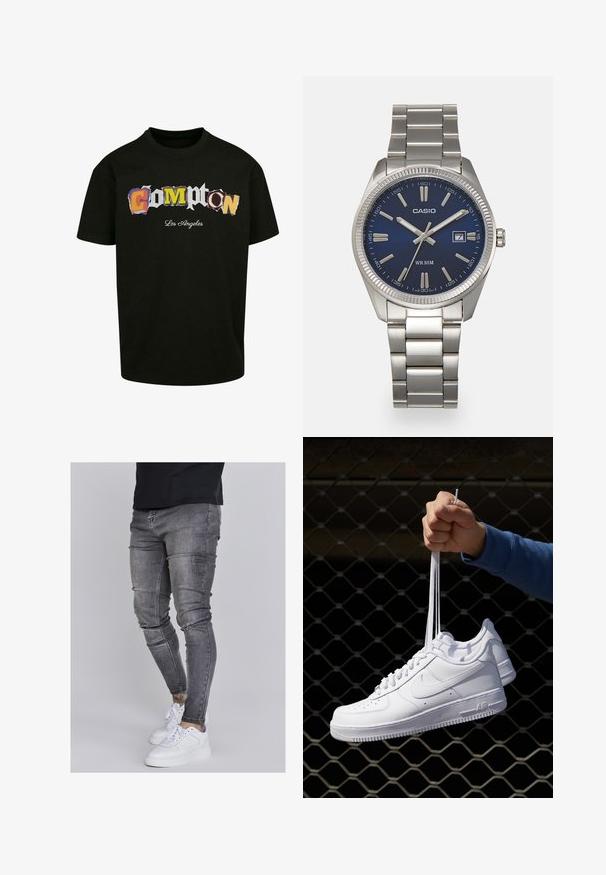 Sort kortærmet t-shirt med multicolor, udskåret tekst "Compton Los Angeles" trykt på forsiden. Lavet af bomuldsstof.; Slank jeans i falmet grå denim med slidte detaljer ved knæene, parret med hvide sneakers. Glat tekstur, slim fit design.; Hvide lædersneakers med perforeringer, rund tå, flad sål og tykke snørebånd, med et synligt swoosh-logo og "AIR" på hælen.; Sølv rustfrit stål urrem med en marineblå urskive, metallic timemarkører og et datovindue kl. 3. Vandafvisende op til 50 meter.