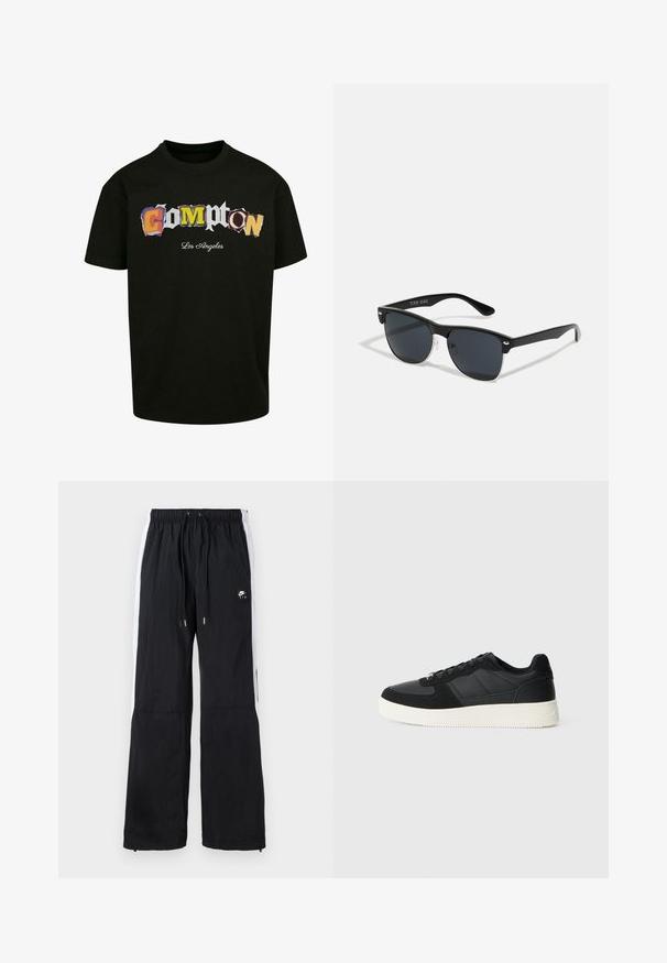 Černé tričko s krátkým rukávem s vícebarevným textem "Compton Los Angeles" v provedení s výřezem na přední straně. Bavlněný materiál.; Černé sportovní kalhoty s pružným pasem, bílými bočními pruhy, zipovými manžetami a gumovým logem na přední straně.; Černé nízké tenisky s texturovanou kůží a suédovými panely, bílé gumové podrážky a černé tkaničky na jednoduchém světlém pozadí.; Černé sluneční brýle s obdélníkovým tvarem, tmavými skly, stříbrnými akcenty na spáncích a matným povrchem rámu.