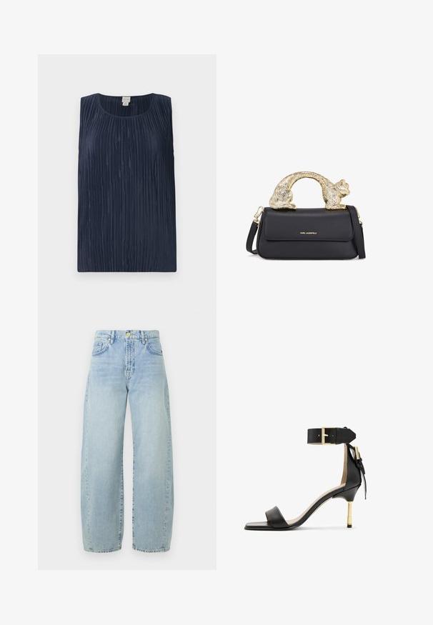 Navyblauw mouwloos topje met een gestructureerd geplooid ontwerp, ronde halslijn en zachte, gladde stof. Geen zichtbare hardware of versieringen.; Lichtblauwe denim wijde jeans met een hoge taille, lichte vervaging, vijf zakken en gouden hardware. De zoom is recht en onafgewerkt.; Zwarte leren sandalen met hak en vierkante neus, enkelband met een gouden gesp en een slanke metalen hak. Soepele textuur, minimalistisch ontwerp.; Zwarte leren handtas met een gouden kat-vormige handgreep, voorzien van een voorflap, verstelbare schouderband en logo-detail aan de onderzijde van de voorkant.