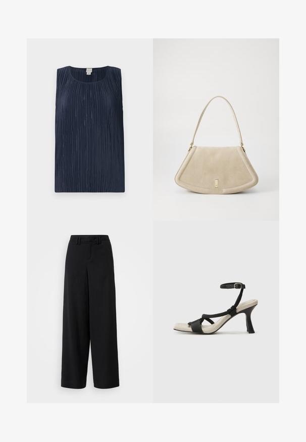 Top senza maniche di color blu navy con un design a plissettatura testurizzata, scollatura rotonda e tessuto morbido e liscio. Nessun hardware o decorazione visibile.; Pantaloni neri a gamba larga realizzati in tessuto morbido, con un design a vita piatta, dettagli plissettati e passanti per cintura in vita.; Sandal con tacco nero e design con cinturino intrecciato, punta quadrata e cinturino alla caviglia regolabile. Soletta beige chiaro con tacco nero lucido.; Borsa in suede beige con forma triangolare arrotondata, una sola tracolla e un accento in metallo dorato sul davanti.
