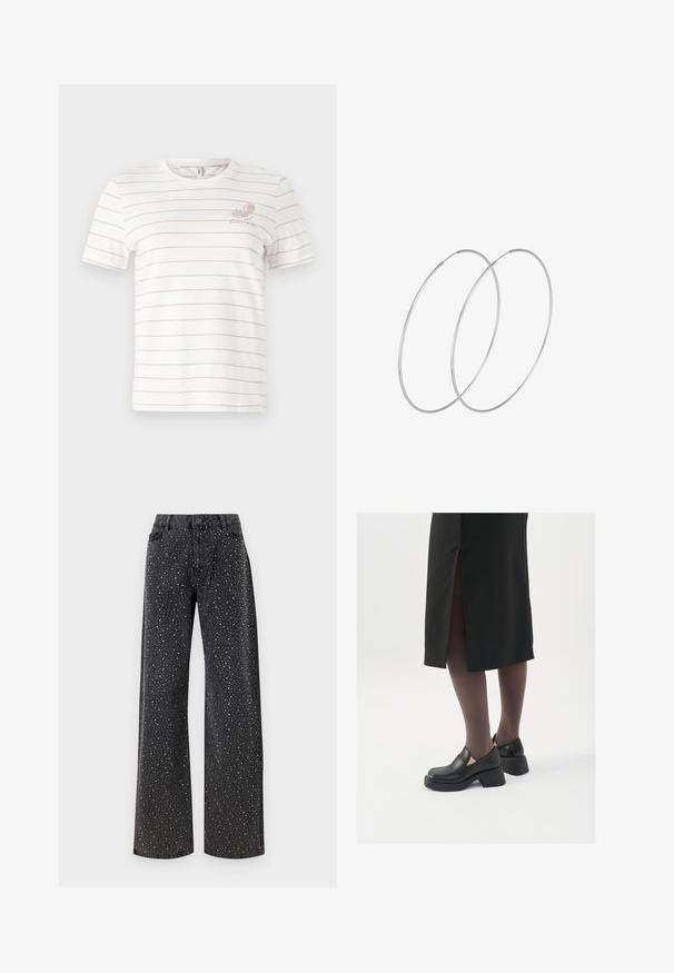Hvid bomulds t-shirt med tynde beige vandrette striber, rund hals, korte ærmer og et lille trykt design på venstre bryst.; Noisy May NMJANNEL LOOSE - Jeans Relaxed Fit - black denim; Sorte lædersko med rund tå, kraftig blokhæl og elastiske sideaccentuer, parret med mørke strømpebukser og en sort nederdel med slids.; Sølvøreringe med et minimalistisk design. Cirkulær form, glat tekstur og tynd profil. Letvægtige med en poleret overflade.