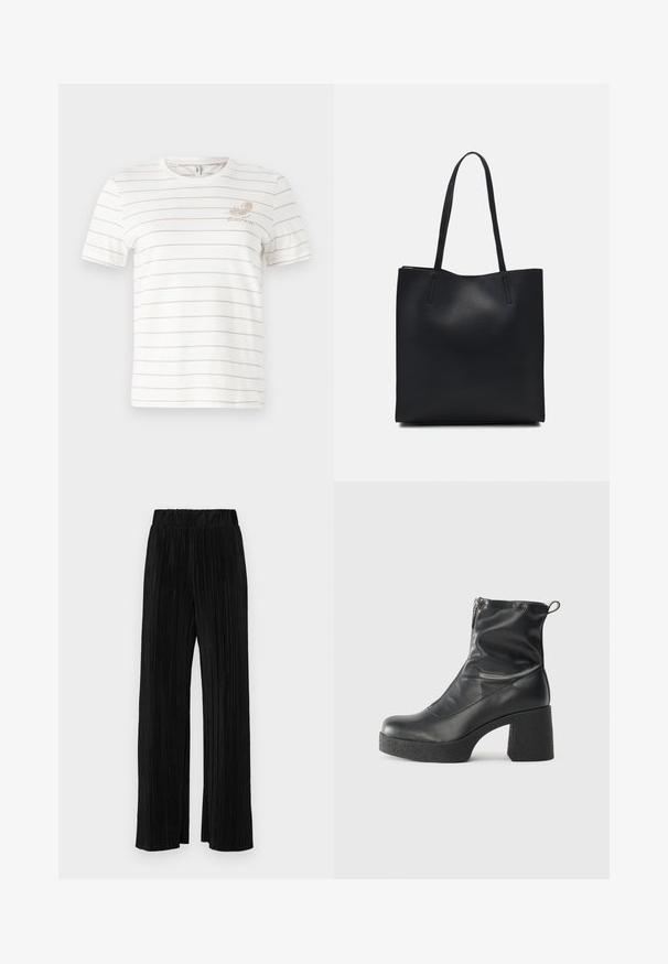 White cotton t-shirt with thin beige horizontal stripes, crew neck, short sleeves, and a small printed design on the left chest.; Black pleated trousers with an elastic waistband. Features wide legs and a smooth, textured fabric with vertical stripes.; Black ankle boots made of smooth leather, featuring a side zipper, chunky textured heel, and rounded toe design.; Black leather tote bag with smooth texture, rectangular shape, and two long handles. No visible hardware or embellishments.