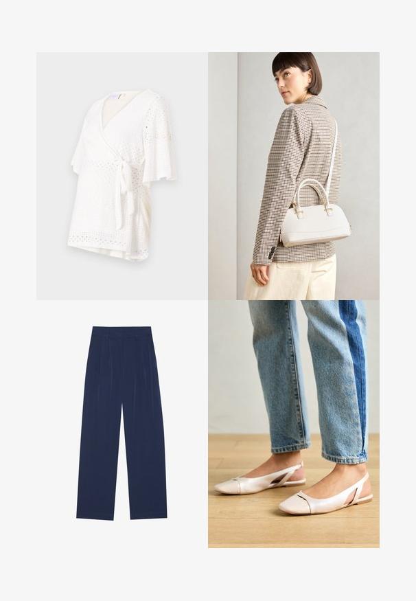 Balta wrap blūze ar īsām, izplestām piedurknēm, auklu jostasvietā un rakstainu tekstūru ar acs detaļām visā virsmā.; Tumši zili platleņķa bikses, kas izgatavotas no mīksta auduma, ar priekšējo krokām, gludu tekstūru un taisnu piegriezumu bez redzamām kabatām.; Bālti rozā siksniņu dzīvokļi ar smailu purngalu, izgatavoti no gludas ādas līdzīgās materiāla. Iezīmē izgriezumu detaļas sānos un platu papēdi.; Balta strukturēta roku soma ar īsām rokturiem un plecu siksnu, ar zelta aparatūras akcentiem un strukturētu materiālu, izstādīta uz pelēka fona.