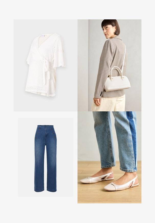 Witte wikkeltop met korte, uitlopende mouwen, een strik in de taille en een gemêleerde textuur met oogjesdetails door het geheel.; Hoge taille denim jeans in medium blauw. Bevat knopen aan de voorkant en een wijde pijpontwerp. De stof heeft een gladde textuur met een lichte vervaging.; Zachtroze slingback ballerina's met een spitse neus, gemaakt van een glad leerachtig materiaal. Bevat uitsnijdingen aan de zijkanten en heeft een platte hak.; Witte gestructureerde handtas met korte handvatten en een schouderband, voorzien van gouden hardwareaccenten en een textuurmateriaal, tentoongesteld tegen een grijze achtergrond.