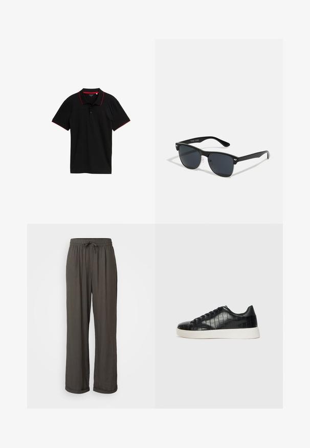 Musthave musta polo särk, millel on tekstureeritud kangas, punane krae ja varrukate detailid, kolme nupuga esiosa, lühikesed varrukad ja ilma nähtavate mustriteta.; Tumedat hallid laiad püksid nööriga vööl, valmistatud pehmest, tekstuuriga kangast, millel on pahkluu juures keeratud kraed.; Mustad mustad mustad kroko-reljeefiga nahast ülemine osa, ümar varvas ja kontrastne valge kummitald, millel on sile viimistlus.; Mustad mustmikrooni kujuga mustad prillid, tumedate klaasidega, hõbedased detailid templite juures ja mati viimistlusega raam.