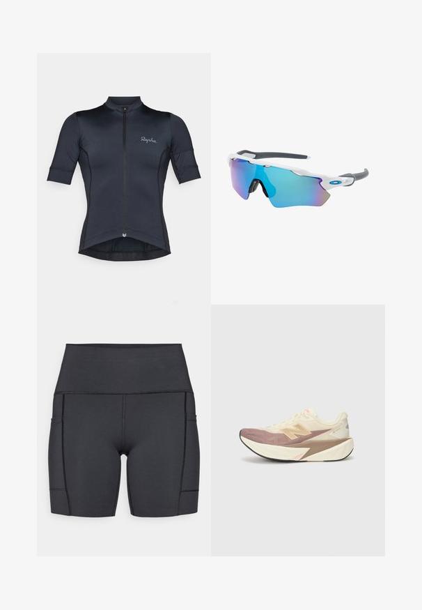 Kortærmet cykeltrøje i mørkeblå, lavet af letvægts, strækbart stof. Har lynlås foran og Rapha-logo på brystet.; Sorte højtaljede shorts lavet af strækbart stof, med sidelommer, flade sømme og en glat tekstur for komfort under aktiviteter.; Løbesko med en cremefarvet overdel, lyserøde detaljer og grå elementer. Har en tyk sål med en tekstureret overflade og et fremtrædende logo.; Solsikker med hvid ramme, grå accenter og blå spejllinser. Sporty design, omviklet form og justerbare næsepuder.