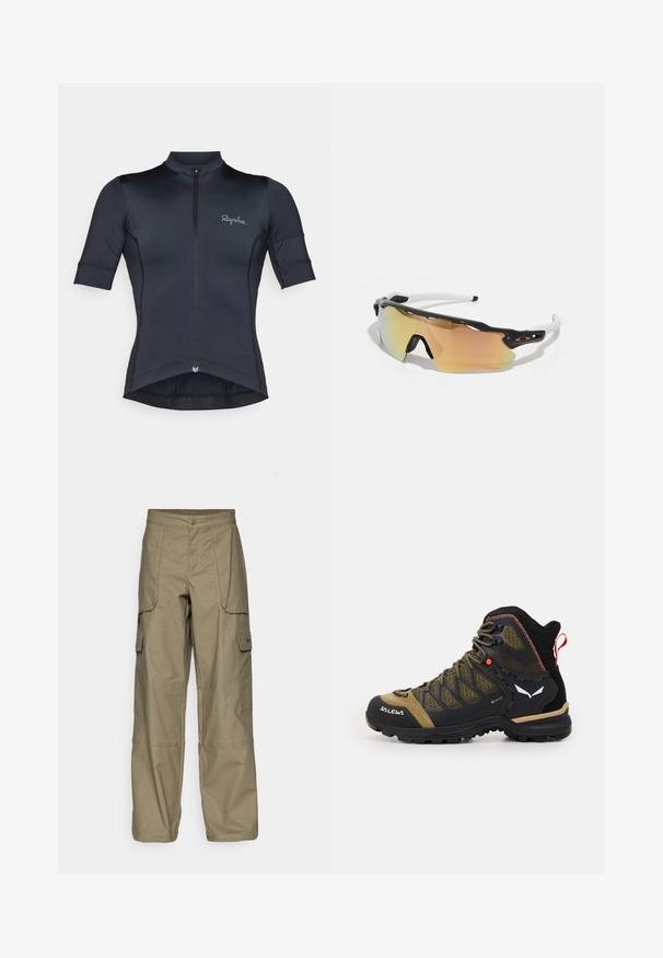 Trumpas rankovėmis dviratininkų marškinėliai tamsiai mėlynos spalvos, pagaminti iš lengvos, tamprios medžiagos. Su užtrauktuku priekyje ir Rapha logotipu ant krūtinės.; Alyvuogių žalios spalvos cargo kelnės, pasižyminčios laisvu siluetu, keliais šoninėmis kišenėmis ir sagčių uždarymu juosmens srityje. Lygi tekstūra.; Vidutinio aukščio žygio batai juodos ir alyvuogių spalvos, su tinklo viršumi, guminėmis padais ir tekstūruotomis detalėmis bei galine traukimo juostele.; Akiniai nuo saulės su juodai balta rėmu, dideliais veidrodiniais objektyvais auksinėmis ir rožinėmis atspalviais, aerodinaminis dizainas ir išplėstas išorinis rėmelis.