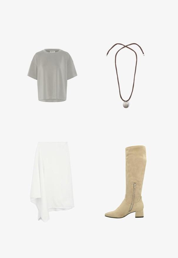 My Essential Wardrobe HELLE EMB BOXY - T-shirt basic - moon mist; Lange mouwen shirt in lichtgrijs en wit, met verticale strepen, een kraag en knopenmanchetten. Gemaakt van een ge Textureerd, lichtgewicht stof.; Asymmetrische witte rok gemaakt van zachte, lichte stof; rafelafwerking aan de onderkant; gladde textuur; valt elegant aan één kant.; Beige suède kniehoog laars met een spitse neus, blokhak en een rits aan de zijkant voor eenvoudig aan- en uittrekken. Gladde textuur en minimalistisch ontwerp.; Halsketting met een bruine koord en een zilveren ovale hanger. De hanger heeft een glad oppervlak en een lichte indeuking in het midden.