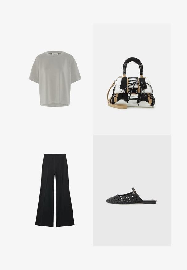 My Essential Wardrobe HELLE EMB BOXY - Basic T-shirt - moon mist; Black wide-leg pants with a smooth texture, featuring front pleats and a tailored design. The fabric is lightweight and flowy.; Black woven slingback shoe with a pointed toe, textured material, side buckle detail, and flat sole.; Multicolored handbag with black, white, and beige mesh. Features a textured handle, lace-up design, and detachable shoulder strap.