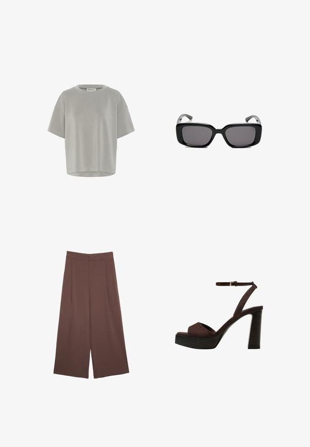 My Essential Wardrobe HELLE EMB BOXY - Navadna majica - moon mist; Rjave široke hlače z gladko teksturo, ki imajo visok pas in sprednje naborke. Tkanina je lahka in prosto pada.; Rjave semiš sandale z visoko peto, odprto spredaj, z nastavljivim gležnjenjem in črtastim podplatom.; Črne pravokotne sončne očala z temnimi lečami, gladkim plastičnim okvirjem in ukrivljenimi nogicami. Oblika je robustna in minimalistična.