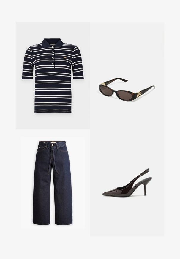 Námornícky a biely pruhovaný polo tričko s krátkymi rukávmi, troma gombíkmi a malým zlatým logom na hrudi; bavlnená látka s textúrovaným povrchom.; Široké tmavomodré denimové džínsy s vysokým pásom, so šnúrkou na sťahovanie, piatimi vreckami a kontrastným prešívaním.; Slingback vysoké opätky v lesklej tmavohnedej lakovej koži, so špicatou špičkou, otvorenými stranami a nastaviteľným remienkom na členku.; Slnkové okuliare v korytnačkovom dizajne s predĺženými oválnymi šošovkami, hnedým tónovaním, zlatými logovými akcentmi na spánkoch a elegantnými čiernymi ramenami.