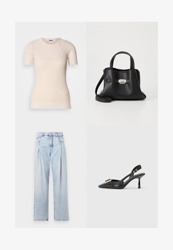 Kremfarget ribbestrikket t-skjorte med kort erme og rund hals. Laget av et mykt materiale, har en tettsittende silhuett og en subtil tekstur. DKNY-etiketten er synlig.; Lyseblå denimjeans med høy livlinje, vide ben, to sidelommer og plisserte detaljer. Myk tekstur med en falmet finish.; Svart skinn slingback-sko med spiss tå, slank hæl og gullfarget detalj på vampen. Glatt tekstur og strukturert design.; Svart skinnveske med teksturert overflate, som har to håndtak på toppen, en avtagbar skulderrem og detaljer med sølvspenne.
