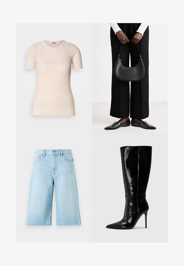 Cream ribbed short-sleeve top with a round neckline. Made from a soft material, features a fitted silhouette and a subtle texture. DKNY label visible.; Light blue denim shorts with a loose fit, frayed hem, five pockets, and metal hardware. Classic jeans design with subtle fading.; Black leather knee-high boots with a pointed toe and high stiletto heel. Smooth texture and sleek design, featuring minimal detailing.; Black leather shoulder bag with a rounded shape, glossy finish, and silver hardware. Person wearing black wide-leg pants and studded loafers.