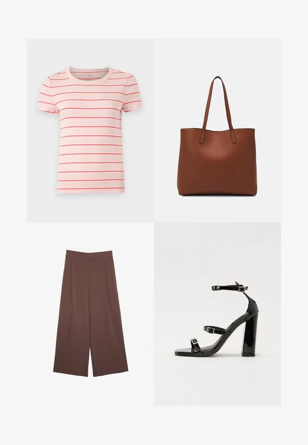 Tričko s krátkým rukávem a kulatým výstřihem v světle růžové barvě s tenkými červenými a bílými vodorovnými pruhy. Žebrovaná textura. Logo značky na výstřihu.; Hnědé široké kalhoty s hladkou texturou, vysokým pasem a předními záhyby. Materiál je lehký a volně splývá.; Černé lakované sandály na podpatku se čtveratou špičkou, lýtkovými pásky a stříbrnými přezkami. Disponují masivním blokovým podpatkem pro stabilitu.; Hnědá kožená taška přes rameno s hladkou texturou, otevřeným designem a dvěma ramenními popruhy. Obsahuje minimální švy a žádné viditelné kovové prvky.