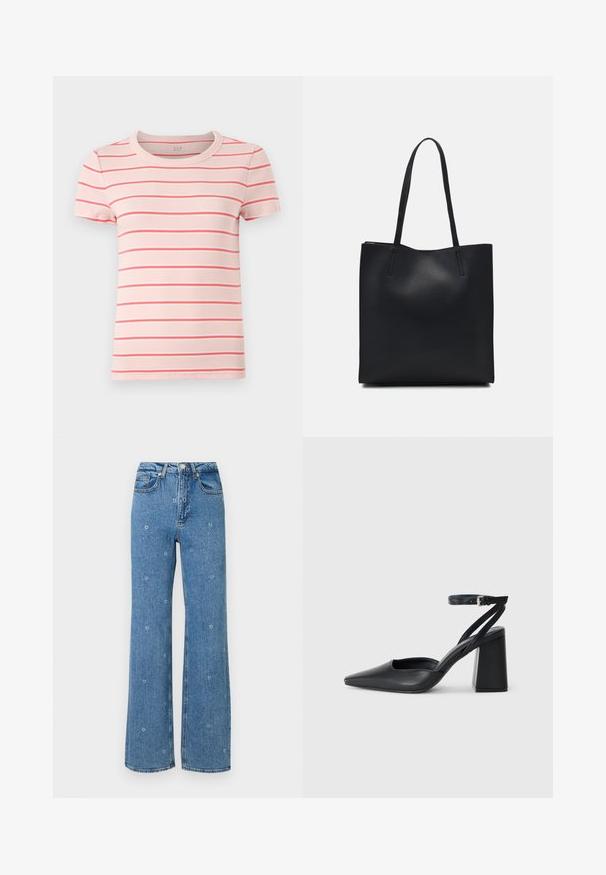 T-shirt de manga curta e decote redondo em rosa claro com finas riscas horizontais vermelhas e brancas. Textura ribana. Logotipo da marca na gola.; Jeans azuis de cintura alta e perna reta com pequenas bordaduras de flores brancas espalhadas pelo tecido.; Sandal com biqueira afilada em couro preto, com cinta no tornozelo e salto grosso. Textura lisa, design elegante e estética minimalista.; Bolsa tote preta em couro com textura lisa, forma retangular e duas alças longas. Sem hardware ou enfeites visíveis.