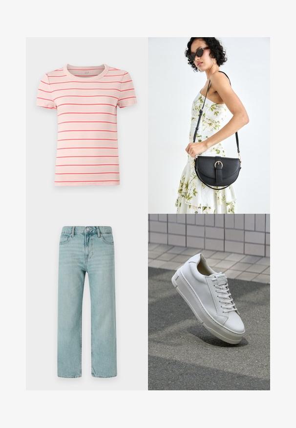 Trumpas rankovėmis, apvalios iškirptės marškinėliai šviesiai rožinės spalvos su plonomis raudonomis ir baltomis horizontaliomis juostomis. Raukšlėta tekstūra. Prekės ženklo logotipas ant iškirptės.; Šviesiai mėlyni plačiakojai džinsai, pagaminti iš džinsinio audinio, su klasikinio penkių kišenių dizainu, švariomis linijomis ir reguliariu liemeniu su mygtuko uždarymu.; Balti odiniai sportbačiai su žemu dizainu, plokščiais raišteliais, apvaliu pirštu ir tekstūruotomis šoninėmis dalimis. Storas guminis padas su subtiliais akcentais.; Juodas odinis krepšys su išlenkta forma, nuimamu dirželiu ir auksiniais detalėmis. Krepšys turi kilpą su sagtimi.