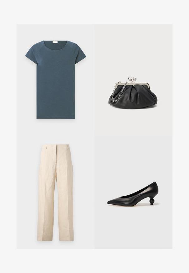 CLOSED Pamata T-krekls - graphite blue; Bežīgas lina bikses ar brīvu piegriezumu, krokām priekšā un taisnām kājām. Piedāvā jostu ar cilpiņām un bez redzamām kabatām.; Melnas ādas augstpapēžu kurpes ar smailu purngalu un apaļu papēdi. Gluda tekstūra ar elegantu, minimālistisku dizainu.; Melnas ādas roku soma ar sakrautām tekstūrām, sudraba toņu metāla rāmis, skavas aizdare un ķēdes siksna. Gluda, maiga virsma.