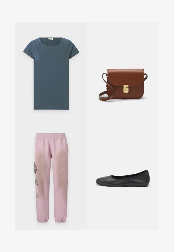 CLOSED Basic T-shirt - graphite blue; Pink sweatpants with an elastic waistband, featuring decorative patches in diamond shapes on the left side and elastic cuffs at the ankles.; Black leather ballet flat with a rounded toe, smooth texture, minimal stitching detail, and a flexible sole design.; Brown leather handbag with a flap closure, gold-tone hardware, a shoulder strap, and a smooth texture. Compact rectangular shape.