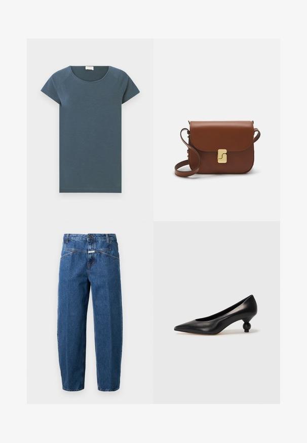 CLOSED RAGLAN - T-shirt basic - graphite blue; Donkerblauwe denimjeans met een relaxte pasvorm, vijf zakken, gestikte naden en een knoopsluiting op de tailleband.; Zwarte leren hoge hak schoen met een spitse neus en een ronde, bolle hak. Gladde textuur met een elegant, minimalistisch ontwerp.; Bruine leren handtas met een klep sluiting, gouden hardware, een schouderband en een gladde textuur. Compact rechthoekige vorm.