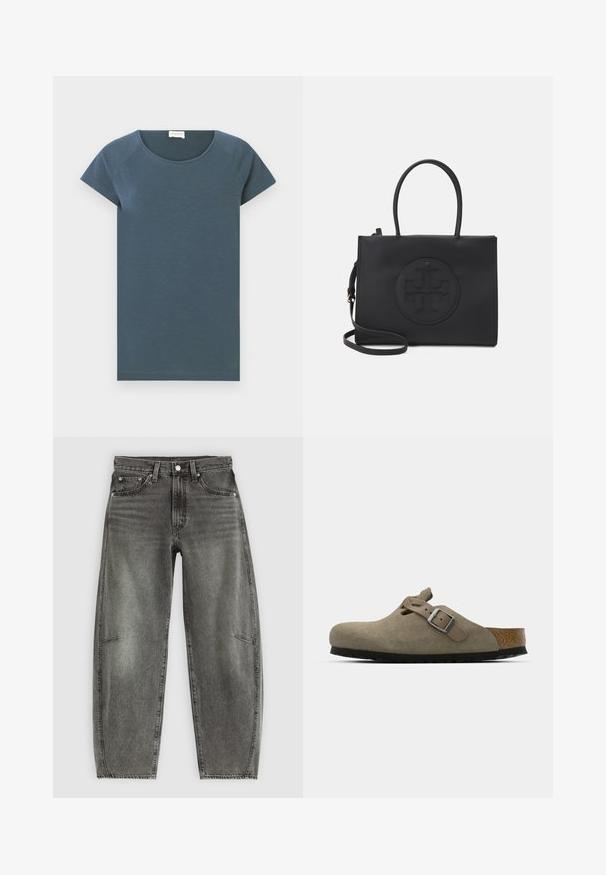 CLOSED T-shirt basic - graphite blue; Jeans in denim lavato grigio a vita alta con cinque tasche, chiusura con bottone e una vestibilità dritta rilassata.; Zoccoli in suede di un verde oliva chiaro con una soletta in sughero e gomma sagomata. Presentano una cinghia laterale con fibbia metallica e una punta arrotondata.; Borsa nera realizzata in materiale morbido, con doppi manici, una tracolla removibile e un dettaglio circolare con logo in rilievo sul davanti.
