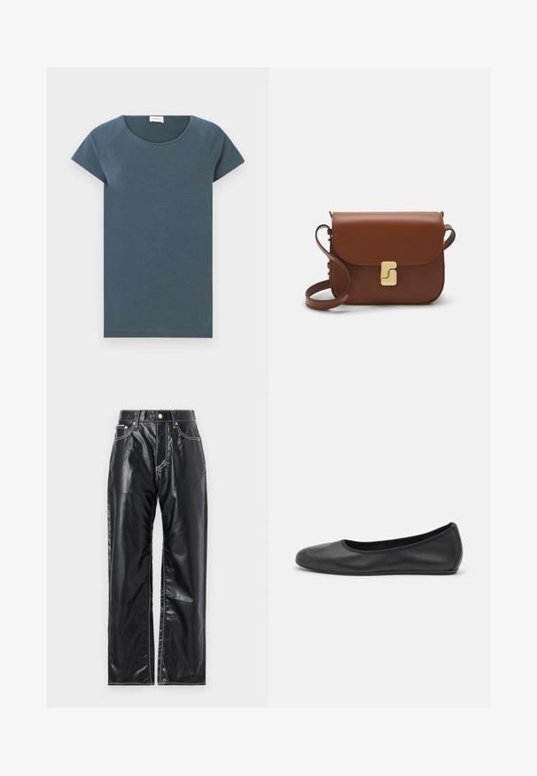 CLOSED T-shirts basic - graphite blue; Sorte faux læderbukser med en vidde benlængde, der har hvid syning, frontlommer og en guldfarvet knap i taljen.; Sort læderballetsko med rund tå, glat tekstur, minimal syning og et fleksibelt såldesign.; Brun læder håndtaske med flaplukning, hardware i gyldent tone, en skulderrem og en glat overflade. Kompakt rektangulær form.