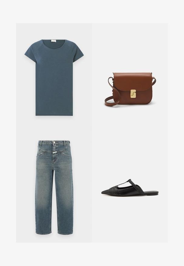 CLOSED Lihtne T-särk - graphite blue; CLOSED STOVER X - Kitsenevad teksad - mid blue; Must kuulsad nahast kandadega kingad, millel on terav nina, koos kootud detaili ja volditud ülaosaga. Lame tald minimaalse riistvaraga.; Pruunist nahast käekott, millel on klapiga sulgur, kuldne riistvara, õlarihm ja sile tekstuur. Kompaktne ristkülikukujuline vorm.