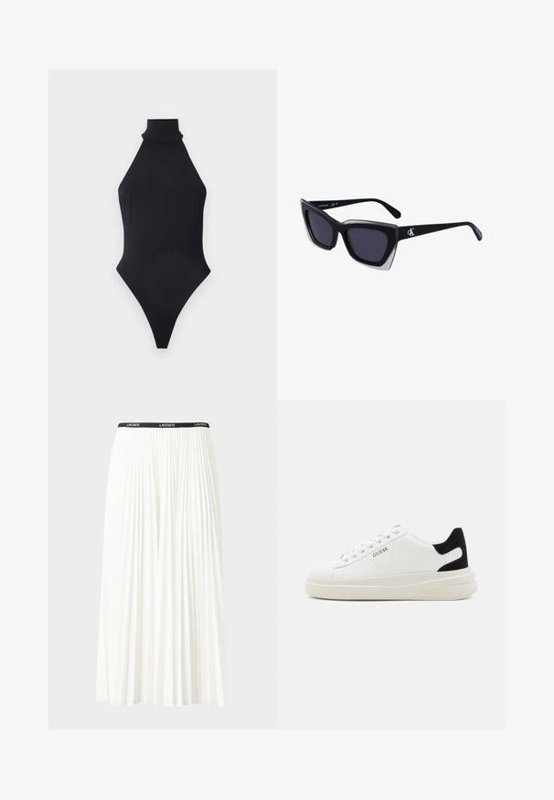 Black high-neck one-piece swimsuit, featuring a sleek design, smooth texture, and a high-cut leg for a streamlined silhouette.; Pleated white skirt with a black elastic waistband featuring the "LACOSTE" logo. Mid-length design with soft texture.; White leather sneakers with a thick white sole, black suede heel accent, and embossed logo on the side. Laced design with six eyelets.; Black oversized sunglasses with a geometric shape, featuring dark lenses and a contrasting grey detail on the frame. Logo on the arm.