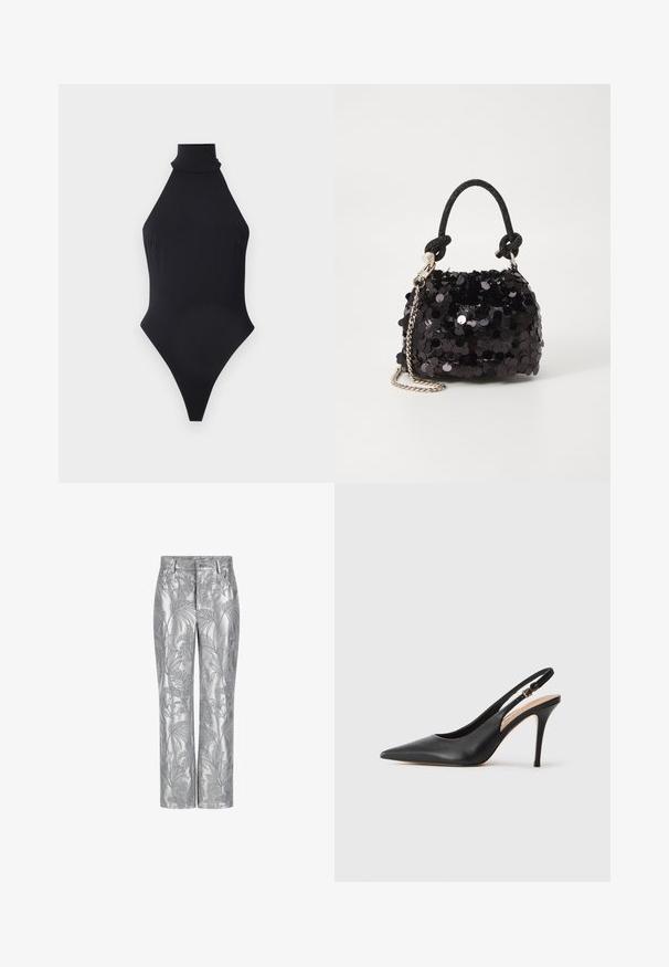 Zwarte badpak met hoge hals, met een strak ontwerp, een gladde textuur en een hoge beenopening voor een gestroomlijnde silhoutte.; Zilverkleurige geborduurde broeken met een bladmotief, rechte pijpen en een gladde, glanzende textuur. Functionele zakken en knoopsluiting.; Zwarte lederen slingback hakken met een puntige neus, een gladde textuur en een delicaat bandje met een metalen gesp.; Zwarte pailletten mini handtas met een geknoopte textuurriem en zilveren ketting. Rondvormig met een geplooide bovenkant en reflecterende details.
