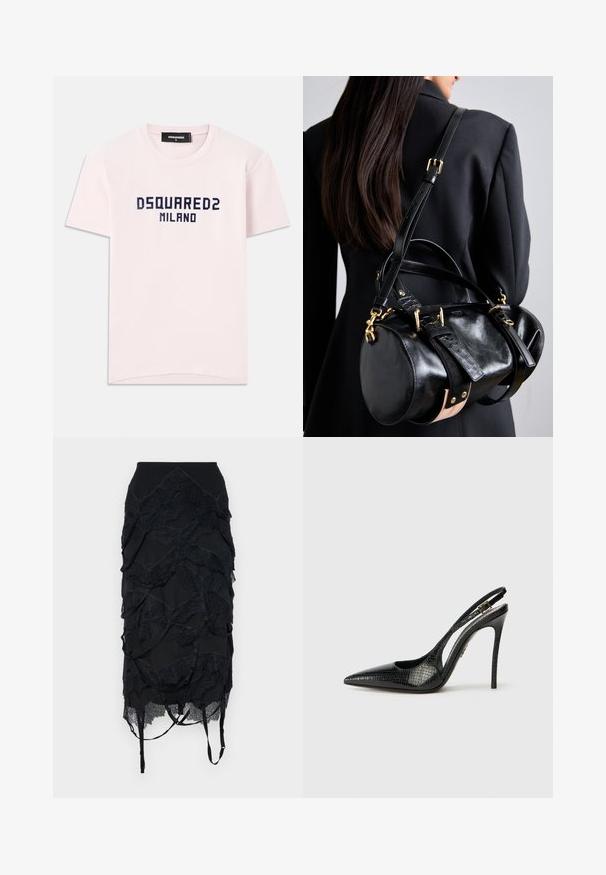Pink bomulds t-shirt med "DSQUARED2 MILANO" trykt i marineblå. Klassisk crew neck design med korte ærmer. Glat tekstur.; Sort nederdel med lagdelte blondeaccenter, en tætsiddende talje og justerbare stropper. Designet inkluderer et bølge-lignende mønster gennem det hele.; Sort slingback pumpe med spids tå, tekstureret slangemønster, stilettahæl og en dekorativ spænde på stroppen.; Sort lædertaske med rund form, der har guldfarvet hardware og justerbare stropper. Detaljer i struktureret sort læder og beige accent.