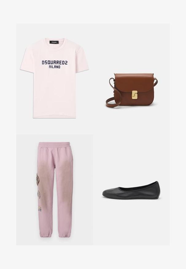 Camiseta de algodón rosa con la impresión "DSQUARED2 MILANO" en azul marino. Diseño clásico de cuello redondo y mangas cortas. Textura suave.; Pantalones de chándal rosas con cintura elástica, que presentan parches decorativos en forma de diamante en el lado izquierdo y puños elásticos en los tobillos.; Bailarina de piel negra con punta redondeada, textura suave, detalle de costura minimalista y diseño de suela flexible.; Bolso de mano de cuero marrón con cierre de solapa, herrajes en tono dorado, correa para el hombro y una textura suave. Forma rectangular compacta.