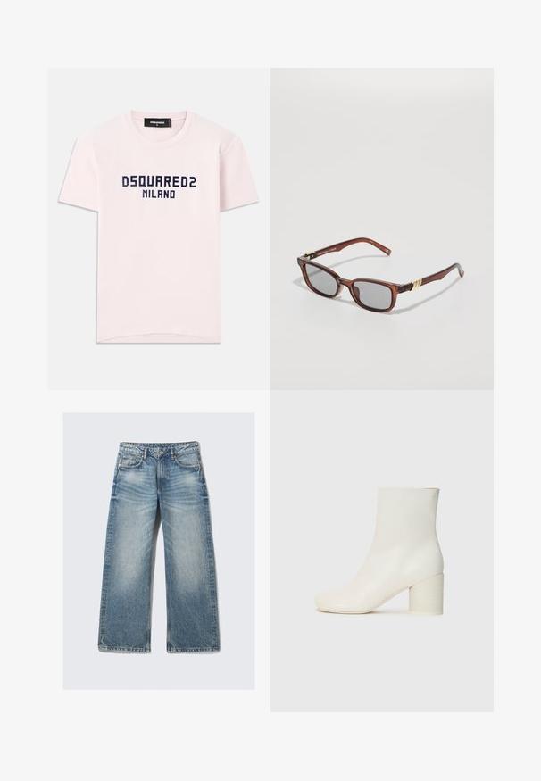 Ροζ βαμβακερό t-shirt με τυπωμένο το "DSQUARED2 MILANO" σε ναυτικό μπλε. Κλασικός σχεδιασμός με στρογγυλή λαιμόκοψη και κοντά μανίκια. Λείος σε υφή.; Ανοιχτό μπλε τζιν παντελόνι σε φαρδύ κόψιμο, φτιαγμένο από τζιν ύφασμα, με ψηλή μέση, πέντε τσέπες και ξεθωριασμένο φινίρισμα με διακριτικό εφέ ψαλίσματος.; Λευκή δερμάτινη μπότα στον αστράγαλο με στρογγυλή μύτη και χοντρό κυλινδρικό τακούνι. Λείος υφασμάτινος σχεδιασμός, μινιμαλιστική σχεδίαση, χωρίς ορατά αξεσουάρ ή σχέδια.; Καφέ ορθογώνια γυαλιά ηλίου με γκρι φακούς. Διαθέτουν χρυσή λεπτομέρεια στη συναρμογή. Κατασκευασμένα από πλαστικό με γυαλιστερή επιφάνεια.