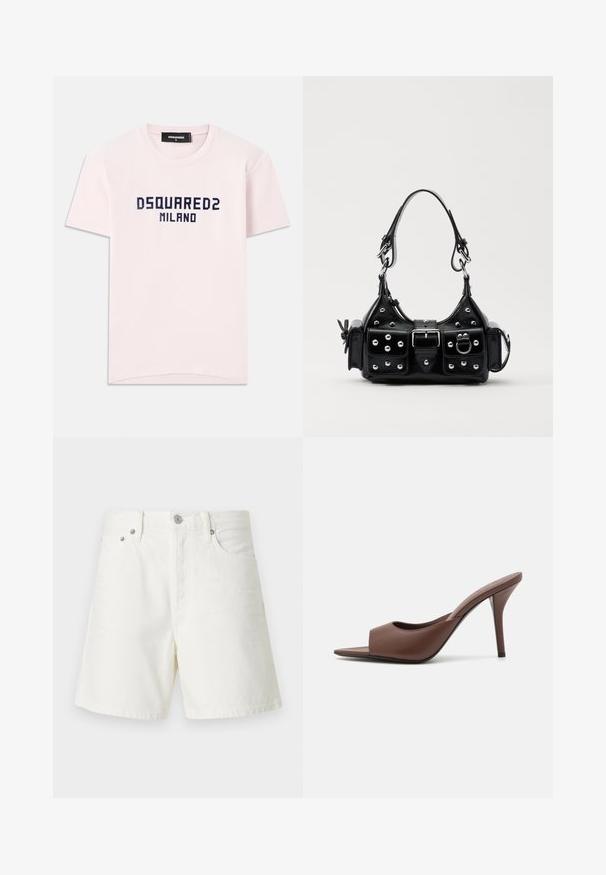 Ružová bavlnená tričko s potlačou "DSQUARED2 MILANO" v námorníckej modrej. Klasický dizajn s okrúhlym výstrihom a krátkymi rukávmi. Hladká textúra.; Biele riflové šortky so rovnými nohavicami, päťbúchovým dizajnom, predným zapínaním na gombík, strieborným kovovým príslušenstvom a prešitými detailmi.; Hnedé kožené sandále na vysokom opätku s otvorenou špičkou a elegantným dizajnom, s širokým predným pásikom a štíhlou stiletto pätou.; Čierna kožená kabelka s zakriveným dizajnom, doplnená striebornými cvočkami, prackou a dvoma bočnými vreckami. Nastaviteľný popruh poskytuje rôzne možnosti nosenia.