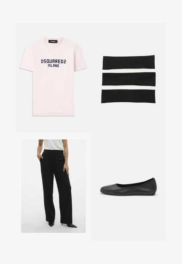 Roza bombažna majica s kratkimi rokavi z napisom "DSQUARED2 MILANO" v modri barvi. Klasična zasnova s krožnim izrezom in kratkimi rokavi. Gladka tekstura.; Črne široke hlače z gladko teksturo, visokim pasom in sprednjimi žepi. Dopolnjene z vitkimi črnimi petkami.; Črne usnjene balerinke z zaobljenim nosom, gladko teksturo, minimalnimi šivi in fleksibilno zasnovo podplata.; Set treh elastičnih trakov za lase v črni in beli barvi, z gladko teksturo in preprostim, ravnim dizajnom. Vsaka trak je enakomerne širine.