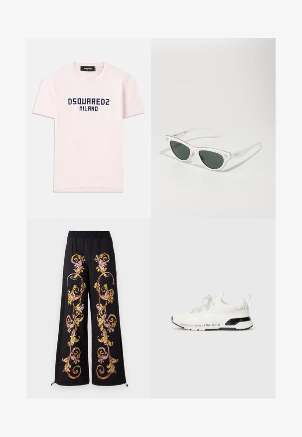 Tricou roz din bumbac cu inscripția "DSQUARED2 MILANO" imprimată în albastru marin. Design clasic cu guler rotund și mâneci scurte. Textură netedă.; Pantaloni largi negri cu broderie florală colorată în roz și galben pe laturi. Au un brâu elastic și detalii cu fermoar.; Adidași albi cu partea superioară din plasă, accente negre și șireturi reflectorizante. Prezintă brandingul "VERSACE JEANS COUTURE" pe latura tălpii.; Ochelari de soare albi în formă de ochi de pisică, cu lentile întunecate, accente aurii pe ramă și detalii cu logo pe lateral. Material plastic neted.
