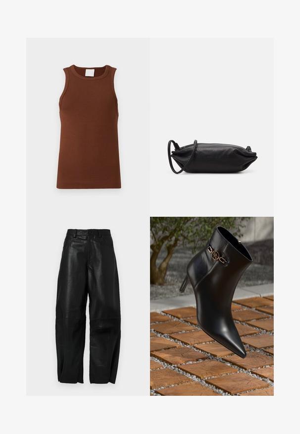 Braunes, geripptes ärmelloses Top mit rundem Ausschnitt. Hergestellt aus dehnbarem Stoff, besticht es durch eine körpernahe Passform und eine schlichte Textur.; Schwarze Lederhose mit lockerer Passform, geradem Bein, Fronttaschen und sichtbaren Nähten.; Schwarze Leder-Ankle-Boots mit spitzem Zehen und kleinem Absatz. Mit einem goldenen Kettenakzent am Knöchel. Umgeben von einer strukturierten Steoberfläche.; Schwarze Leder-Clutch mit rechteckiger Form, glatter Textur, dünnem Schulterriemen und minimalistischer Gestaltung.