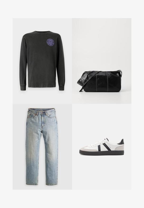 Hosszú ujjú, sötétszürke pamut póló kerek nyakkivágással. A bal mellen egy lila kör alakú logó található. Sima textúra, egyszerű dizájn.; Világoskék farmernadrág magas derékkal, elülső gombbal, cipzárral és öt zsebbel, sima háttérre fektetve.; Fehér sneaker fekete és szürke részletekkel, textúrált szürke orr résszel, fekete gumitalppal és lapos fehér fűzőkkel. Tiszta dizájn, minimalista stílus.; Fekete bőr válltáska, cipzárral zárva, texturált felülettel, fehér varrással és ezüst fémgyűrűs pánttal.