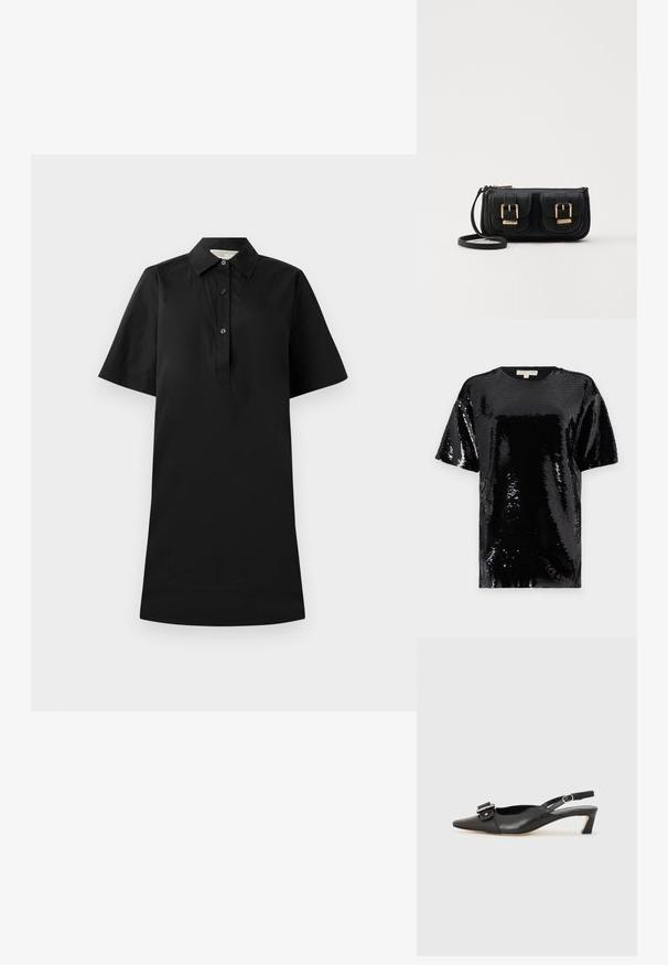 Schwarzes kurzärmeliges Oberteil, bedeckt mit Pailletten, mit einem runden Ausschnitt und einer insgesamt glatten, reflektierenden Textur.; Schwarzes kurzärmeliges Kleid mit Kragen, Knopfleiste und gerader Silhouette. Hergestellt aus leichtem Stoff mit glatter Textur.; Schwarzer Leder Slingback-Schuh mit spitzer Zehenform, kleinem Absatz und dekorativem Schnallen-Detail auf dem Obermaterial. Glatte Textur, minimalistisches Design.; Schwarze Leder-Umhängetasche mit zwei vorderen Taschen, goldenen Schnallen, Reißverschluss und einem schmalen Tragegurt. Texturierte Oberfläche und kompakte rechteckige Form.
