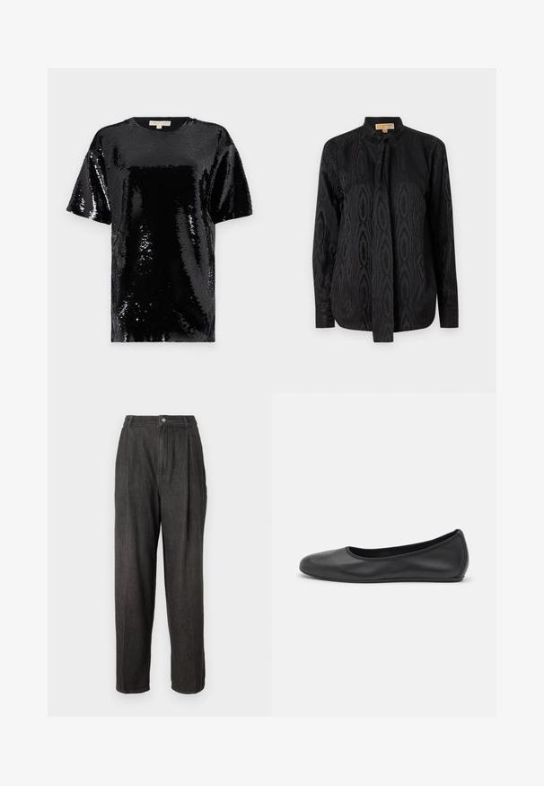 Crni kratki rukavić prekriven šljokicama, s okruglim izrezom i sveukupno glatkom, reflektivnom teksturom.; Crna bluzica od glatkog materijala, s diskretnim toniranim uzorkom, dugim rukavima, uspravnim ovratnikom i zatvaranjem na mašnu oko vrata.; Tamno siva traperica s visokim strukom, nabranim prednjim dijelom, ravnim nogavicama i jednim dugmetom za zatvaranje na pojasu.; Crne kožne baletanke s zaobljenim vrhom, glatke teksture, minimalnim detaljima šavova i fleksibilnim dizajnom potplata.