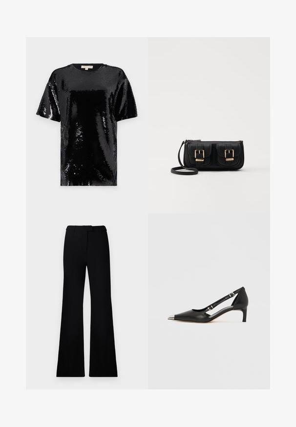 Black short-sleeve top covered in sequins, featuring a round neckline and an overall smooth, reflective texture.; Black flared pants featuring a smooth texture, tailored waistband, and front pockets, designed with a sleek, modern silhouette.; Black leather kitten heel with pointed silver toe cap and dual buckle straps on a white background.; Black leather crossbody bag with two front pockets, gold buckles, zipper closure, and a slim strap. Textured surface and compact rectangular shape.
