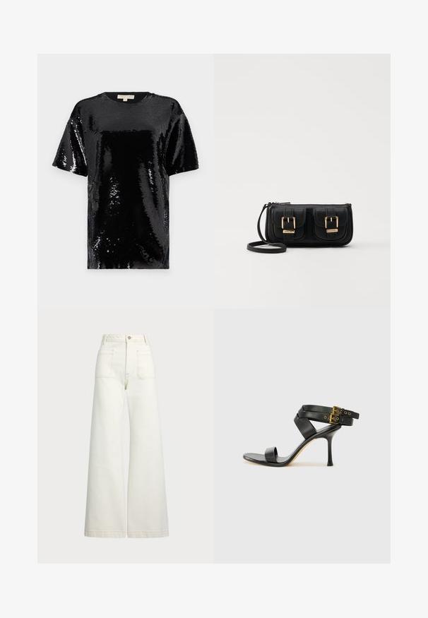 Top negro de manga corta cubierto de lentejuelas, con un escote redondo y una textura general suave y reflectante.; Jeans de pierna ancha en denim color blanco roto. Diseño de cintura alta con cierre de botón, dos bolsillos frontales y detalles de costura en contraste.; Sandalia negra de tacón con correas cruzadas y hebilla ajustable. Presenta una textura suave y un tacón de aguja afilado.; Bolso cruzado de cuero negro con dos bolsillos frontales, hebillas doradas, cierre de cremallera y una correa delgada. Superficie texturizada y forma rectangular compacta.