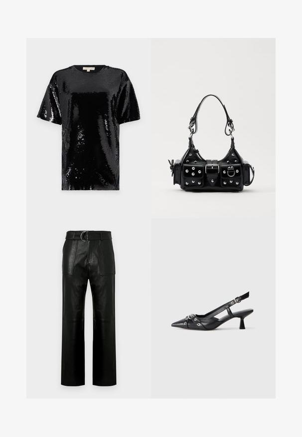 Melna īsām piedurknēm blūze, pārklāta ar fāzēm, ar apaļu kakla izgriezumu un vispārēju gludu, spīdīgu tekstūru.; Augstās jostas melni ādas bikses ar plašām kājām, lielām priekšējām kabatām un atbilstošu jostu ar dubultā gredzena sprādzi.; Melnas ādas šlipsveida kurpes ar norādītu purngalu, dekoratīvām joslām ar metāla acīm un zemu bloku papēdi. Teksturēta virsma.; Melnas ādas rokturmais ar izliekumu, ar sudraba iedurtiem, sprādzi un divām sānu kabatām. Regulējams siksniņas garums dažādām nēsāšanas iespējām.