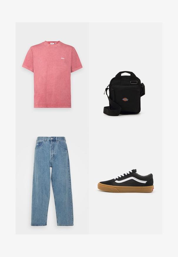 Raudonas medvilnės marškinėlis su apvalia iškirpte ir trumpomis rankovėmis. Ant kairės krūtinės yra mažas baltas "obey" logotipas. Minkšta, tekstūruota medžiaga.; Šviesiai mėlynos džinsinės kelnės su aukštu liemeniu, laisvo kirpimo, turinčios dvi priekinės kišenes, nugarinę kišenę su užklijuotu logotipu ir kniedinį užsegimą.; Juodos zomšinės sportbačiai su balta šonine juostele, baltomis raišteliais ir guminiu padu. Klasikinis žemas dizainas su tekstūruotais akcentais ir apvaliu nosiu.; Juodas per petį nešiojamas krepšys su užtrauktuku, stačiakampio formos, pagamintas iš audinio, su logotipo siuviniu priekyje, reguliuojamo ilgio petneša.