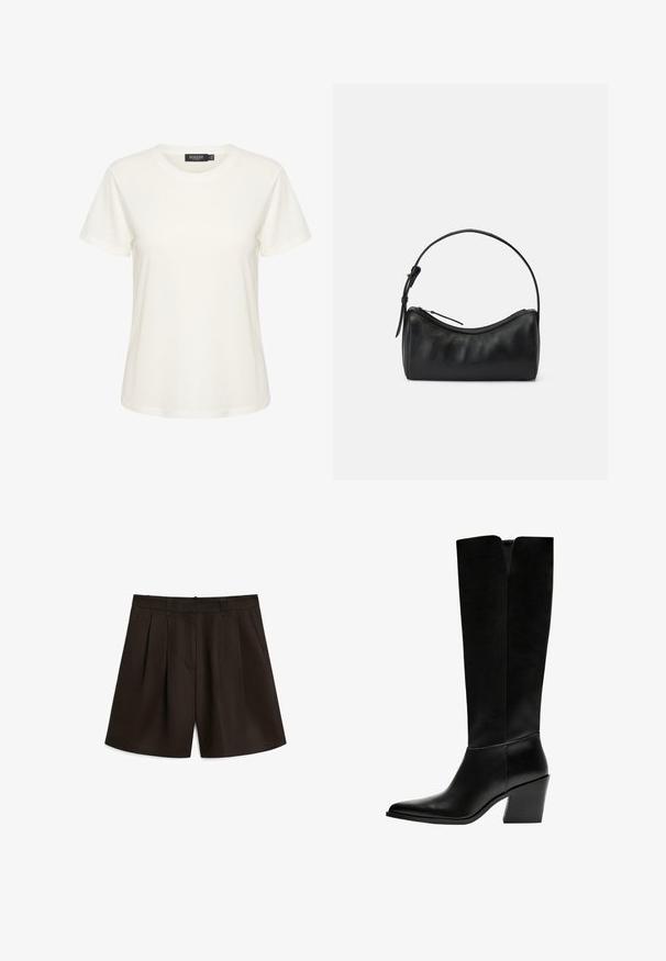 Weißes Baumwoll-T-Shirt mit kurzen Ärmeln und rundem Halsausschnitt. Enthält ein Etikett mit der Aufschrift "SOAKED" im Kragen. Schlichte, glatte Textur.; Massimo Dutti PLEATED BERMUDA - Shorts - dark brown; Schwarze kniehohe Stiefel aus glattem Leder, mit spitzem Schuhbund, einem Blockabsatz und einem V-förmigen Ausschnitt an der Oberseite.; Schwarze Leder-Umhängetasche mit geschwungenem Design, Reißverschluss und schmalem Trageriemen. Hat eine glatte Textur und dezente Nahtdetails.